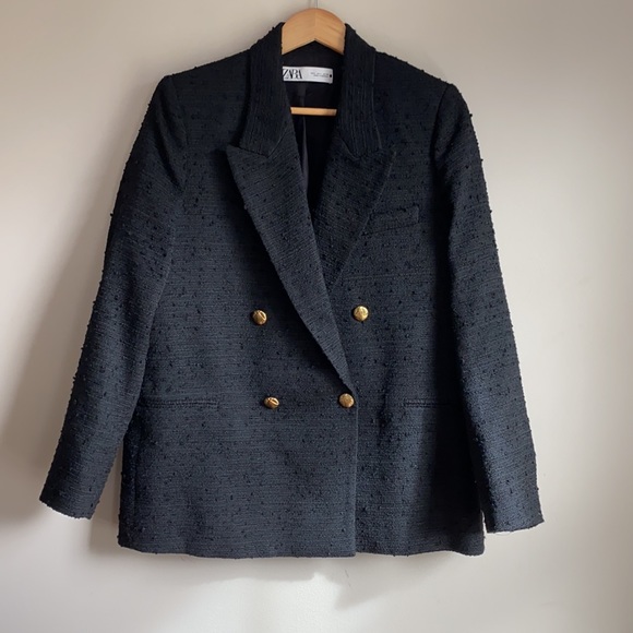 Zara Textured Weave Tweed Blazer Jacket Black Gold Buttons Large L boucle - Picture 4 of 10